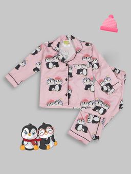 Pyjama Party - Pink Penguins Kids Pure Cotton Pyjama Set with Notched Collar