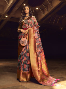 Odette - Pink Handloom Woven Silk Blend Saree with Unstitched Blouse