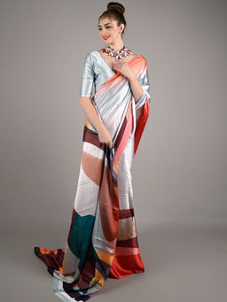 Odette - Women Multicolor Satin Crepe Printed Saree with Unstitched Blouse