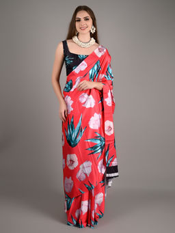 Odette - Women Red Satin Crepe Printed Saree with Unstitched Blouse