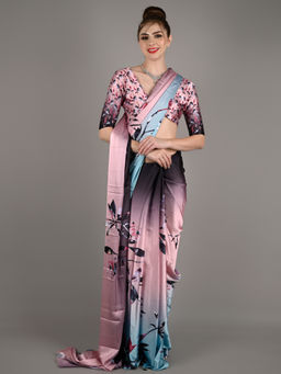 Odette - Women Pink Satin Crepe Printed Saree with Unstitched Blouse