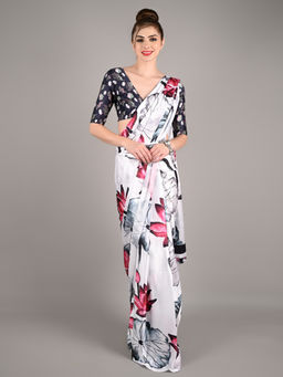 Odette - Women White Satin Crepe Printed Saree with Unstitched Blouse
