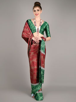 Odette - Women Red Satin Crepe Printed Saree with Unstitched Blouse