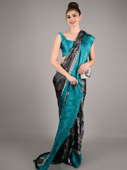 Odette - Women Grey Satin Crepe Printed Saree with Unstitched Blouse