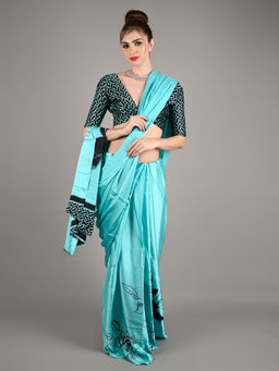 Odette - Women Blue Satin Crepe Digital Floral Print Saree with Unstitched Blouse