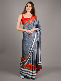 Odette - Women Grey Satin Crepe Polka Dots Saree with Unstitched Blouse