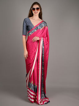Odette - Women Pink Satin Crepe Polka Dots Saree with Unstitched Blouse