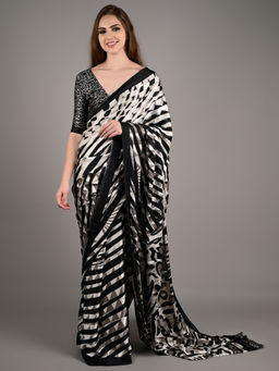 Odette - Women Black Satin Crepe Digital Stripes Print Saree with Unstitched Blouse