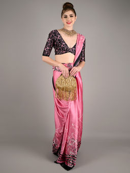 Odette - Women Pink Satin Crepe Digital Print Saree with Unstitched Blouse