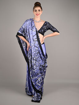 Odette - Women Blue Satin Crepe Digital Print Saree with Unstitched Blouse