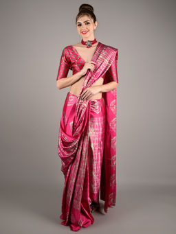 Odette - Women Pink Satin Crepe Geometric Print Saree with Unstitched Blouse
