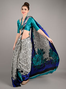 Odette - Women White Satin Crepe Stripes Saree with Unstitched Blouse