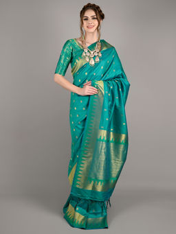 Odette - Women Teal Silk Woven Saree with Unstitched Blouse