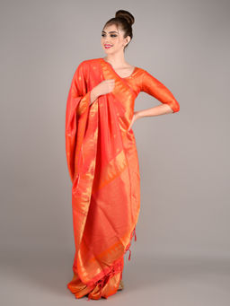 Odette - Women Orange Silk Woven Saree with Unstitched Blouse