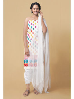Unnati Silks - Unstitched White Pure Handwoven Phulkari Cotton Salwar Kameez (Set of 3)