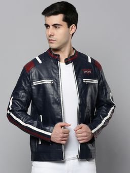 SHOWOFFFF - Mens Mandarin Collar Navy Blue Solid Leather Jacket