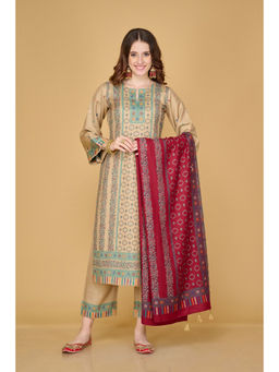 Safaa - Women Acro Wool Woven Unstitched Suit and Dupatta Color Camel (Set of 3)