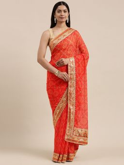 Vastranand - Orange Printed Gotta Patti Bandhani Saree with Unstitched Blouse