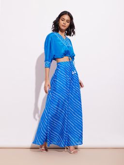 Pink Fort - Viscose Blouse and Chanderi Leheriya Skirt - Blue (Set of 2)