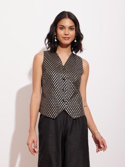 Pink Fort - Viscose Silk Brocade Waist Coat - Black & Gold