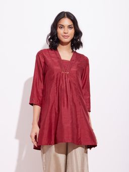 Pink Fort - Silk Blend Solid A-Line Tunic - Maroon