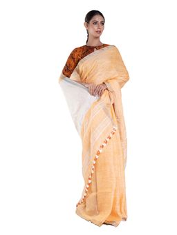 Boveee - Fire Yellow Handloom Linen Saree With Zari Border with Unstitched Blouse