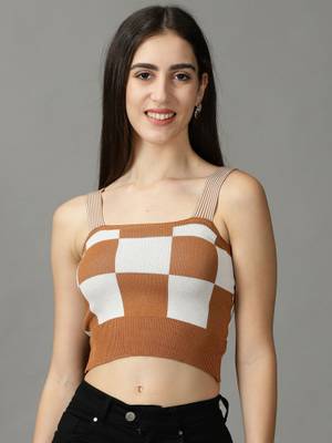 Buy SHOWOFF Womens Shoulder Straps Fitted Checks Brown Crop Top Online