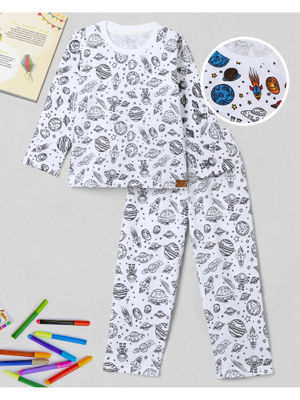 FUNKRAFTS White Astronaut Printed Self Coloring T-shirt & Pyjama with Fabric Marker