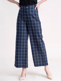 FABLE STREET - Navy Blue Wide Leg Plaid Pants