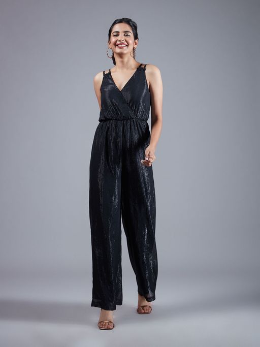Twenty Dresses by Nykaa Fashion Black Shimmer Double Strap Wide Leg Jumpsuit