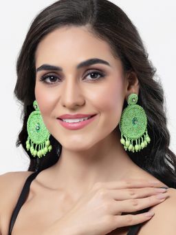 Moedbuille - Handcrafted Green Beads & Pearls Contemporary Tassell Design Silver Plated Chandbalis