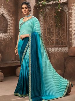 Odette - Turquoise Chiffon Crush Heavy Embroidery Saree with Unstitched Blouse