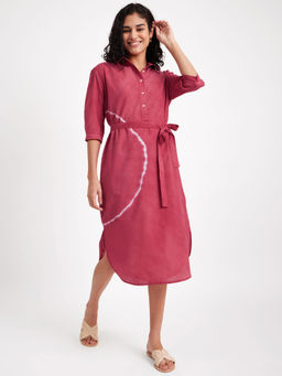 Pink Fort - Tie & Dye Shirt Collar Dress - Red (Set of 2)