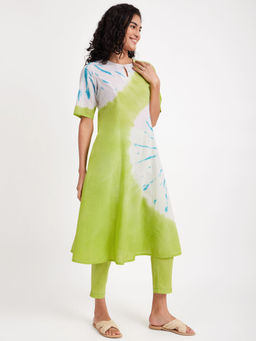 Pink Fort - Tie & Dye A-line Kurta Set - Green (Set of 2)