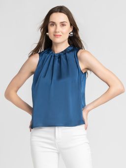 SHAYE - Round Neck Blue Solid Sleeveless Casual Top for Women