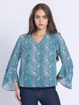 SHAYE - V-Neck Blue Peacock Print Three-Quarter Sleeves Casual Top for Women