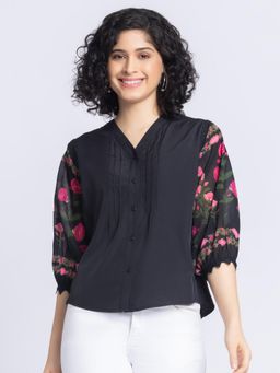 SHAYE - V-Neck Black Floral Print Three-Quarter Sleeves Casual Shirt for Women