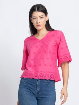 SHAYE - Solid V-Neck Cotton Schiffli Lace Top