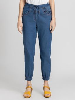SHAYE - High-Rise Blue Solid Casual Joggers for Women