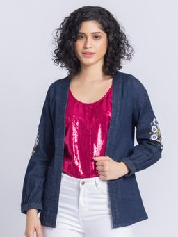 SHAYE - Front Open Blue Embroidered Long Sleeves Casual Shrug for Women