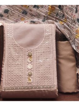 Zeepkart - Embroidered Beige Vichitra Silk Unstitched Kurta with Bottom & Dupatta (Set of 3)