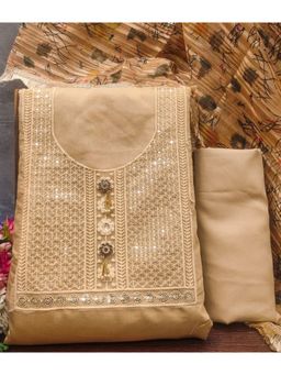 Zeepkart - Embroidered Cream Vichitra Silk Unstitched Kurta with Bottom & Dupatta (Set of 3)