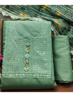 Zeepkart - Embroidered Green Vichitra Silk Unstitched Kurta with Bottom & Dupatta (Set of 3)