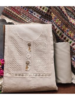 Zeepkart - Embroidered Off White Vichitra Silk Unstitched Kurta with Bottom & Dupatta (Set of 3)