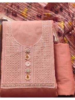 Zeepkart - Embroidered Peach Vichitra Silk Unstitched Kurta with Bottom & Dupatta (Set of 3)