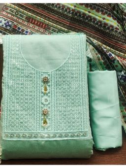 Zeepkart - Embroidered Green Vichitra Silk Unstitched Kurta with Bottom & Dupatta (Set of 3)