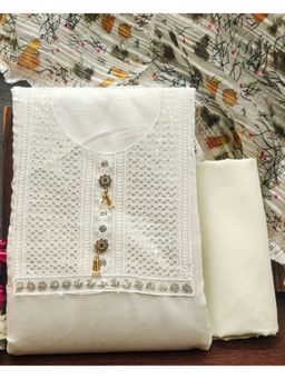 Zeepkart - Embroidered Off White Vichitra Silk Unstitched Kurta with Bottom & Dupatta (Set of 3)