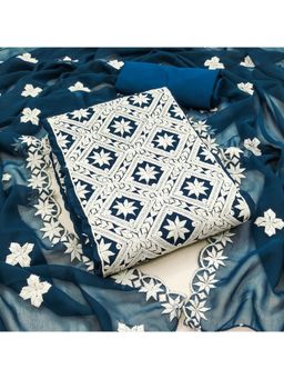 Zeepkart - Embroidered Teal Vichitra Silk Unstitched Kurta with Bottom & Dupatta (Set of 3)