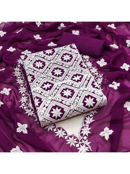 Zeepkart - Embroidered Wine Vichitra Silk Unstitched Kurta with Bottom & Dupatta (Set of 3)