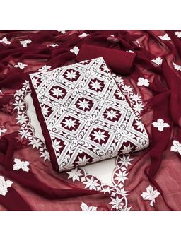 Zeepkart - Embroidered Maroon Vichitra Silk Unstitched Kurta with Bottom & Dupatta (Set of 3)